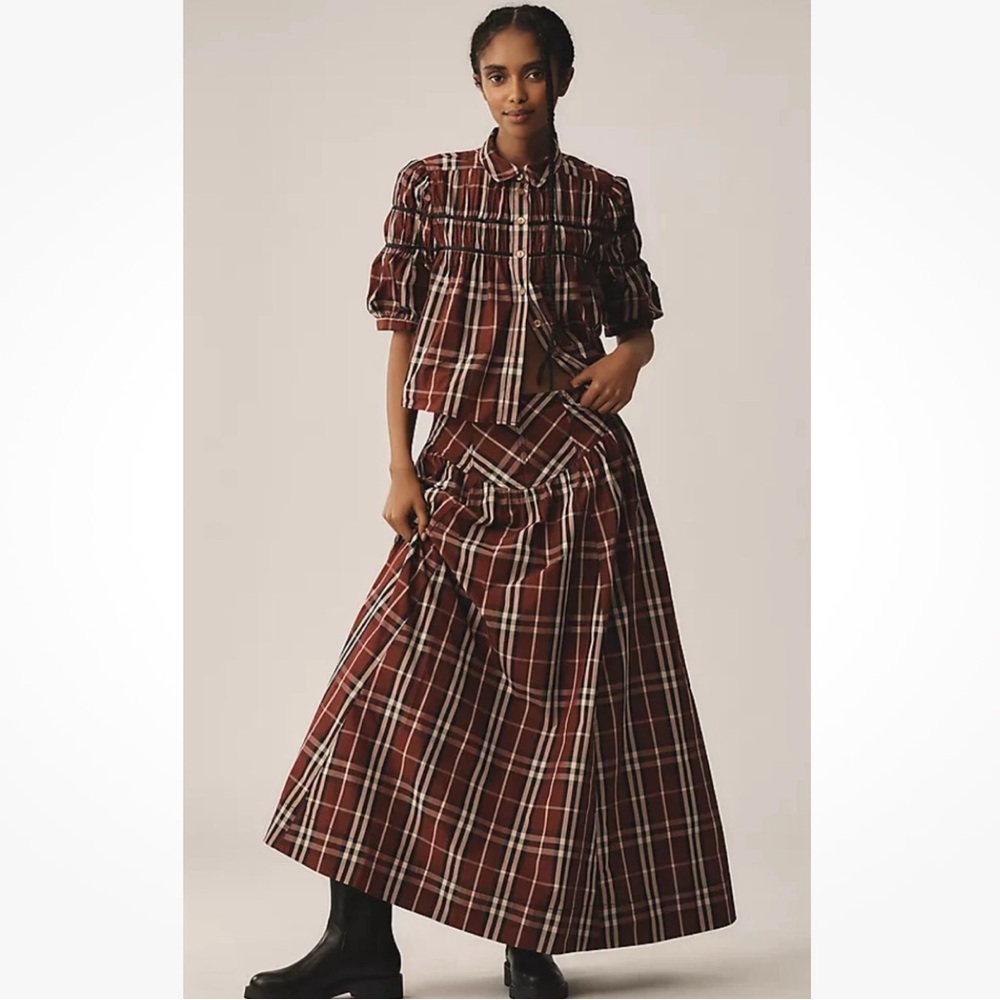 Anthropologie Maeve Drop Waist Taffeta Maxi Skirt Red Gingham